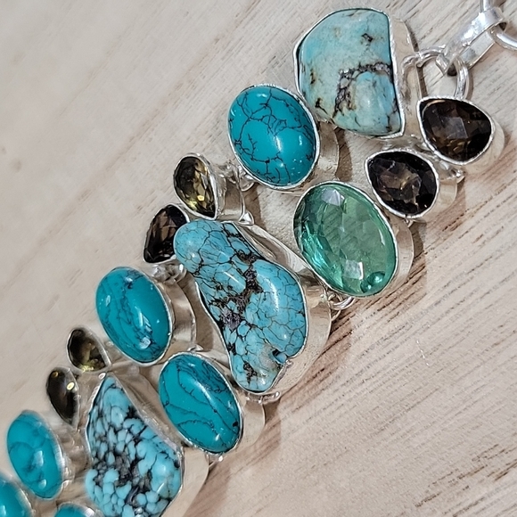 Turquoise Howlite Chocolate Quartz Natural Gemstone S925 Bracelet - Picture 2 of 10